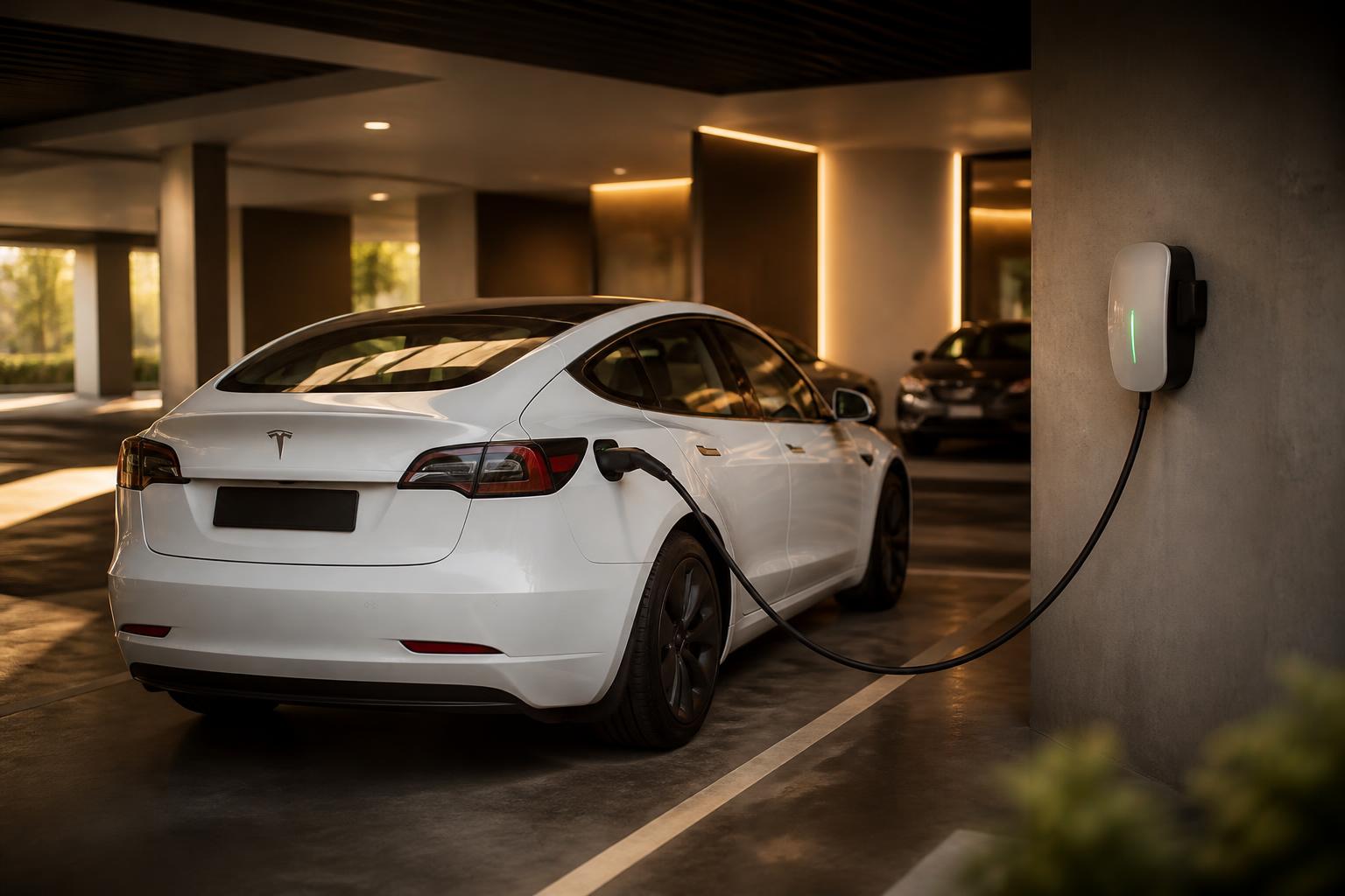 Cargador eléctrico TuCarga junto a un vehículo eléctrico en un edificio moderno