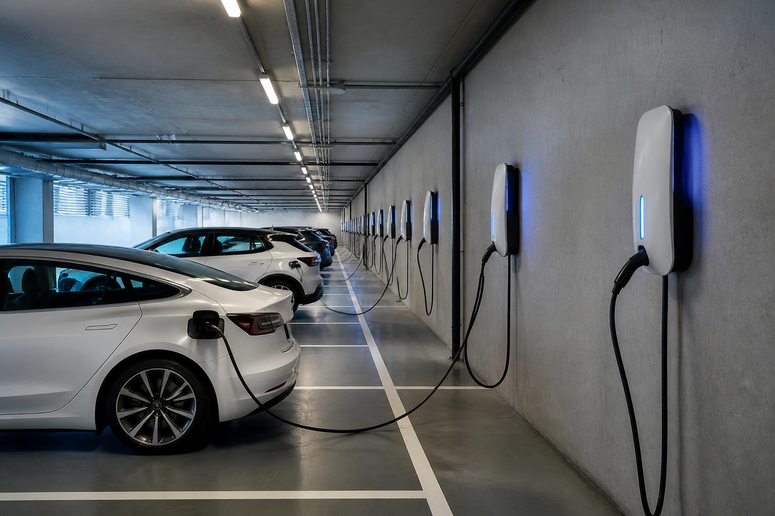 Parqueadero de edificio moderno con cargadores eléctricos TuCarga